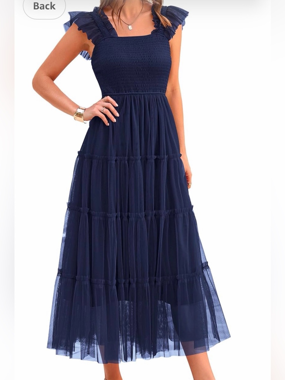 Navy Ruffled Tulle Midi Dress